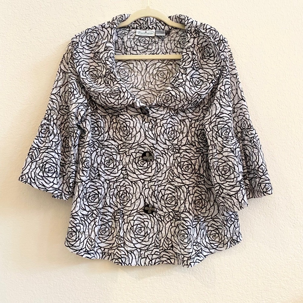 Patchington Women Black White Rose Print Floral Button Front Size L